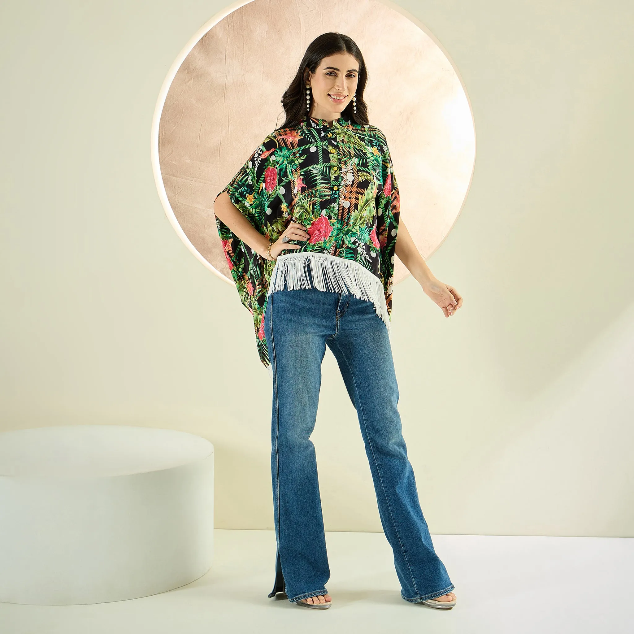 Black and Green Jungle Print Kaftan Top