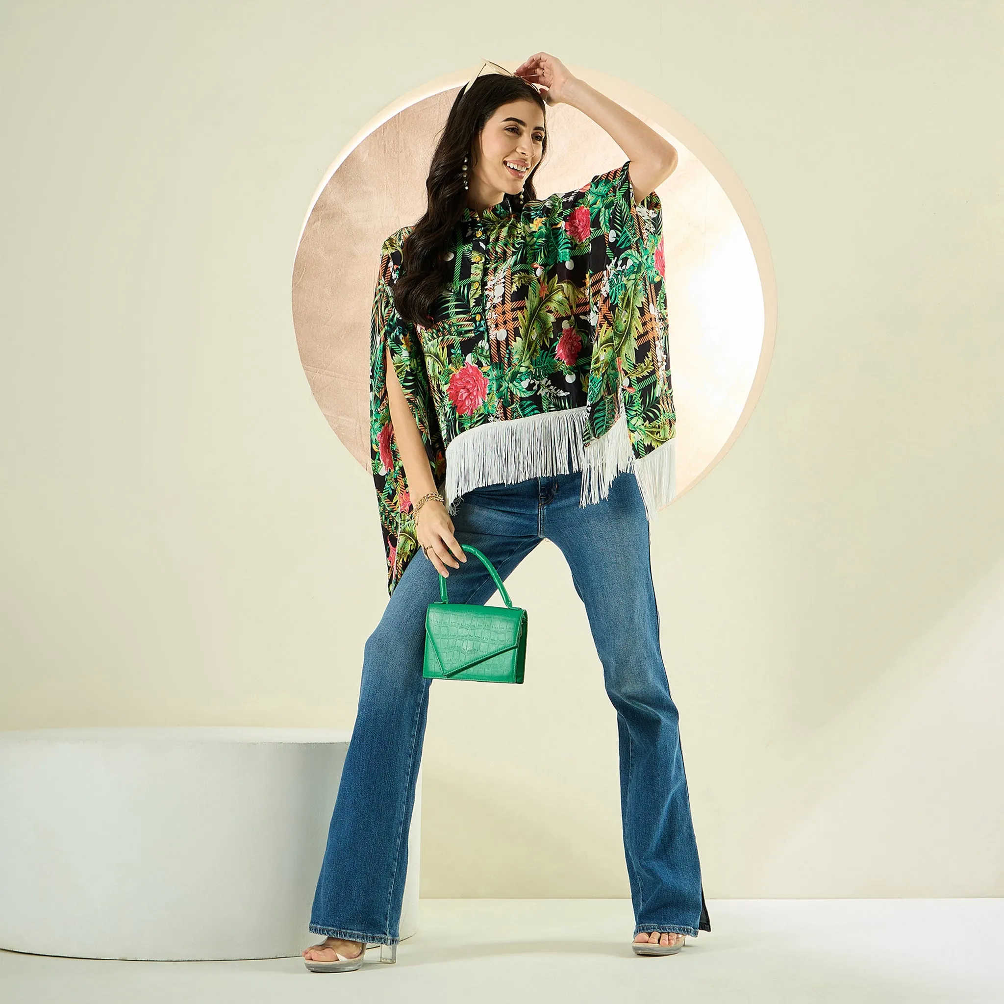 Black and Green Jungle Print Kaftan Top