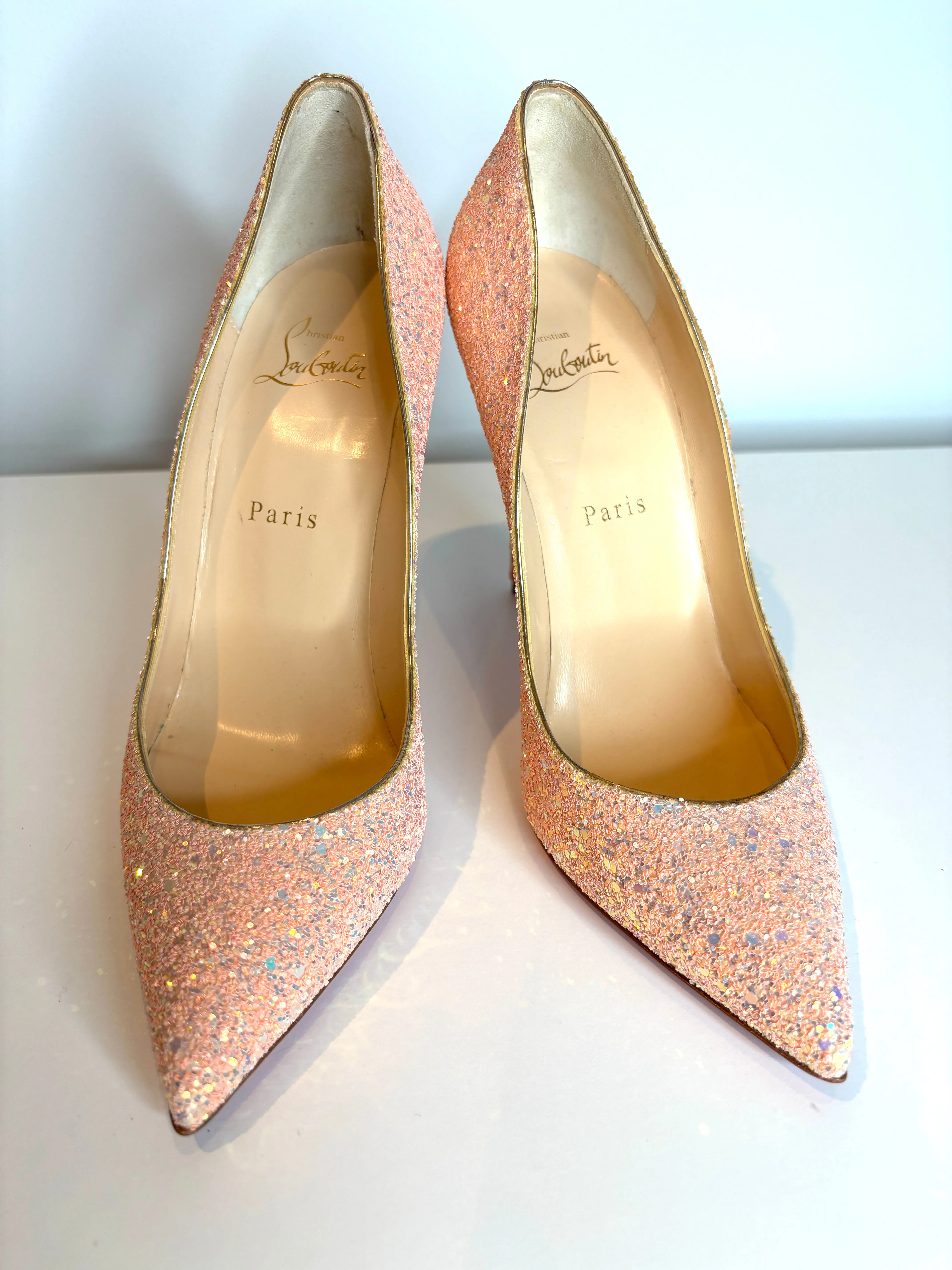 Christian Louboutin Pigalle Follies 100 Dragonfly Pink Glitter Heels 38.5 UK5.5