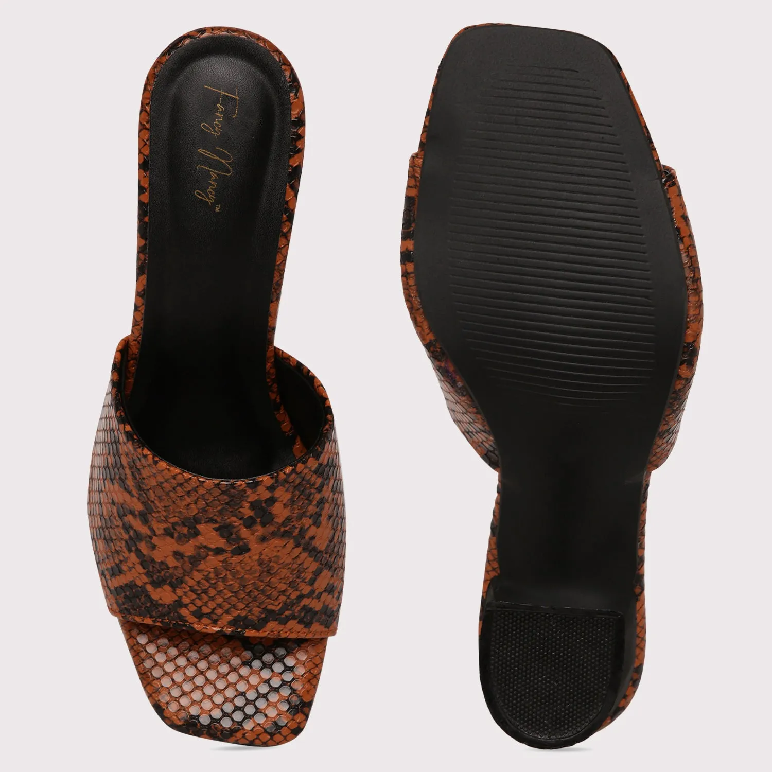 Designer Heel Mules - Brown Snake Print