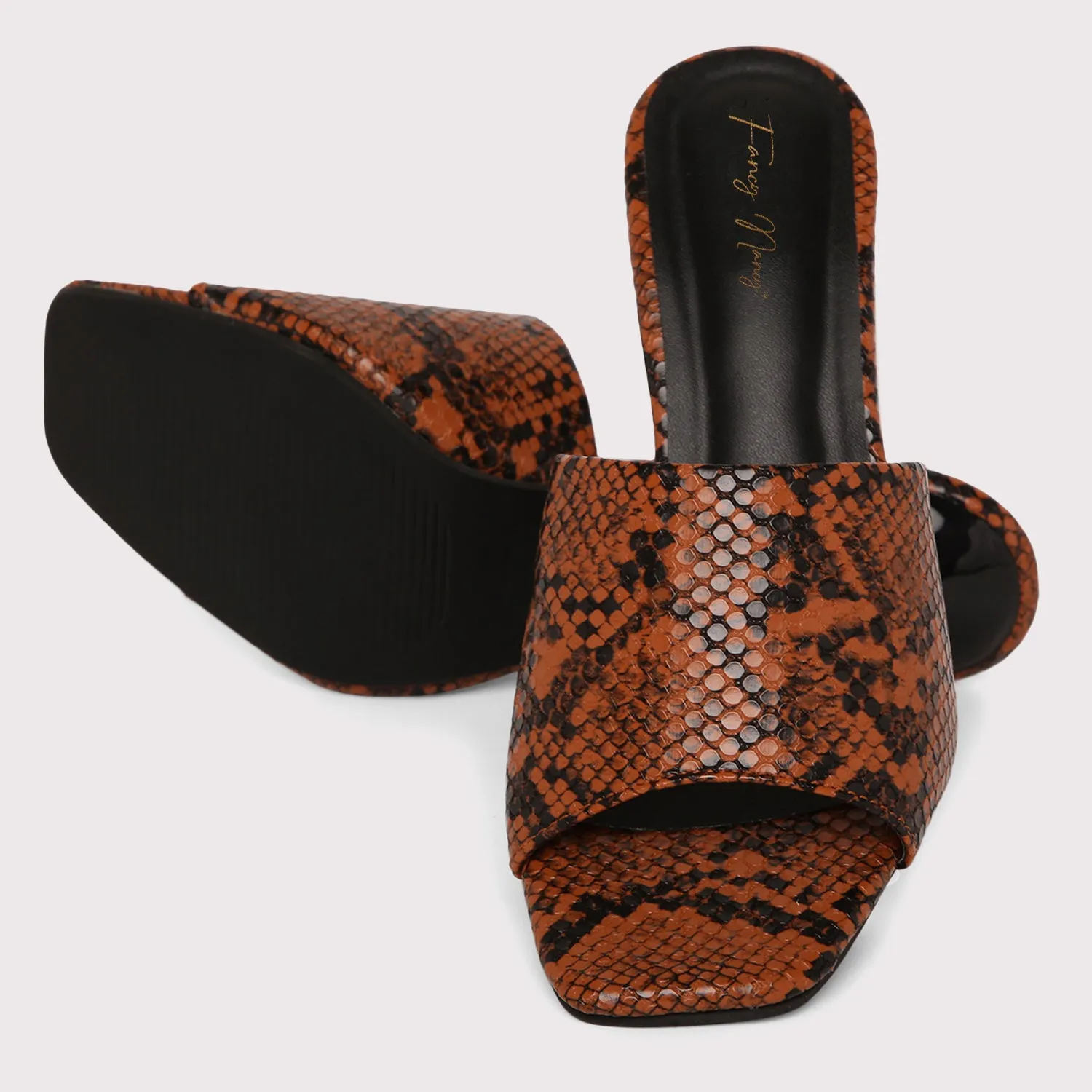 Designer Heel Mules - Brown Snake Print