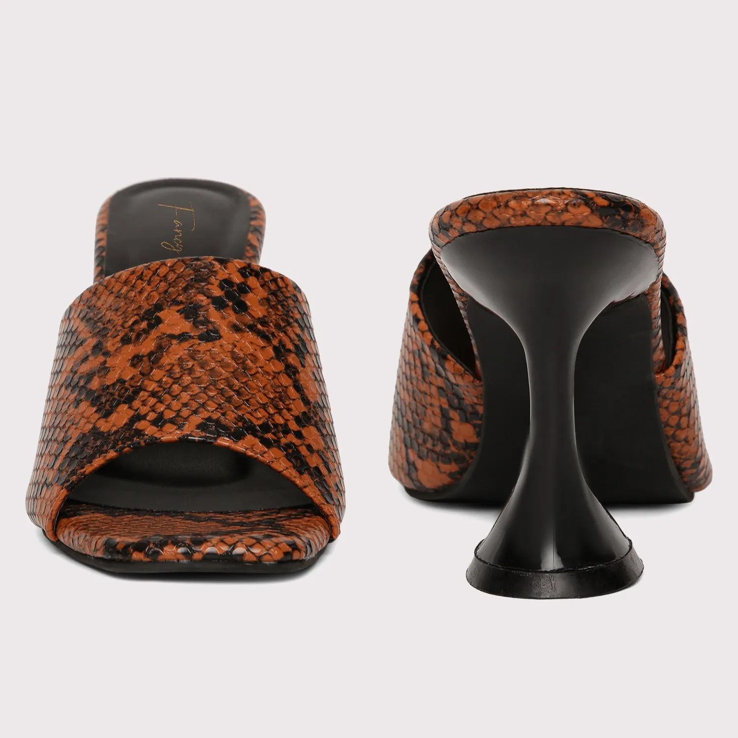 Designer Heel Mules - Brown Snake Print