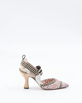 Fendi Black Plaid and Pink Multi Fabric Colibri Slingback Heels - 40