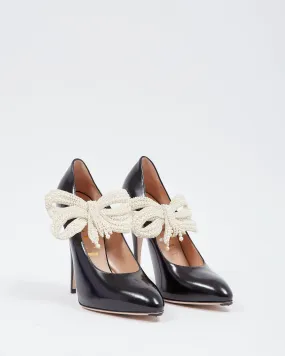 Gucci Black Shiny Leather with Pearl Bow Accent Pumps - 39
