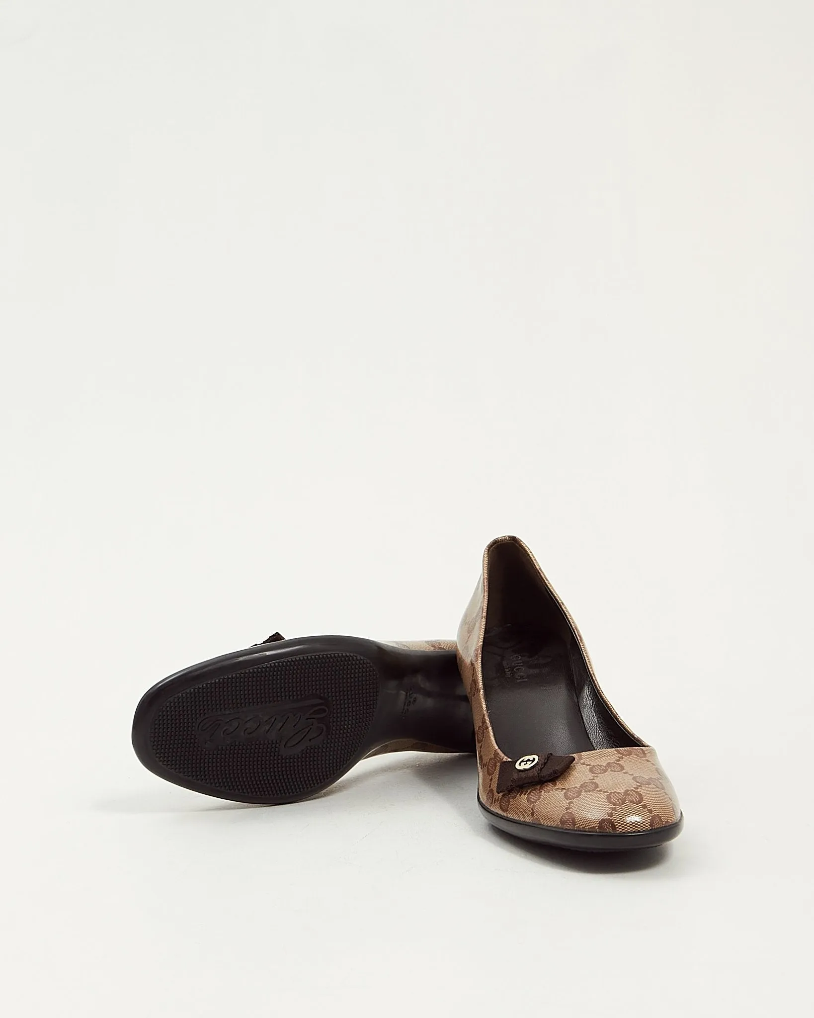 Gucci Brown GG Crystal Coated Canvas Bow Pumps - 37