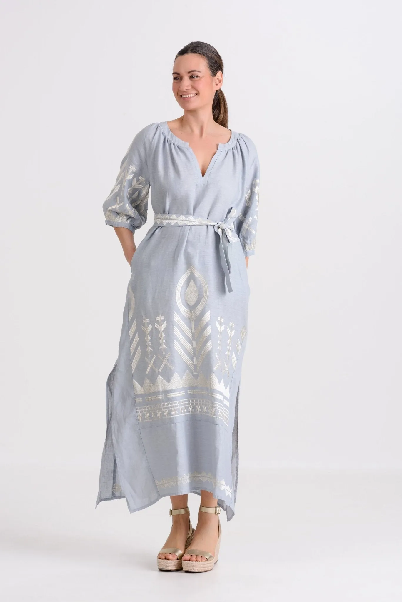 Kori Long Feather Dress With Chevron Belt | Grey & Champagne