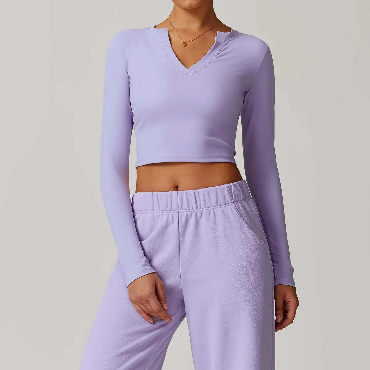 Long Sleeve Quick Dry V Neck Cropped Top