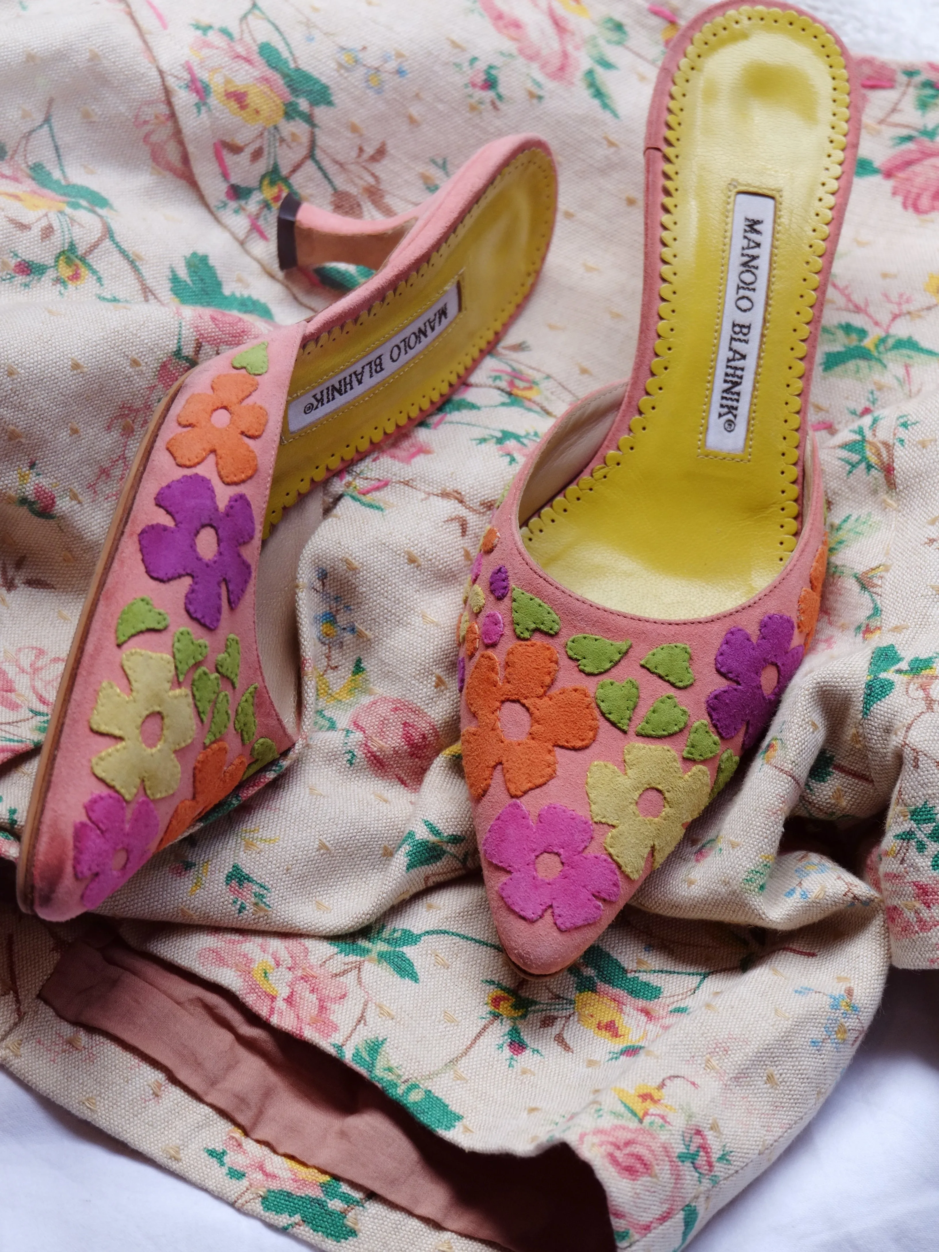 Manolo Blahnik suede floral mules (Vintage)