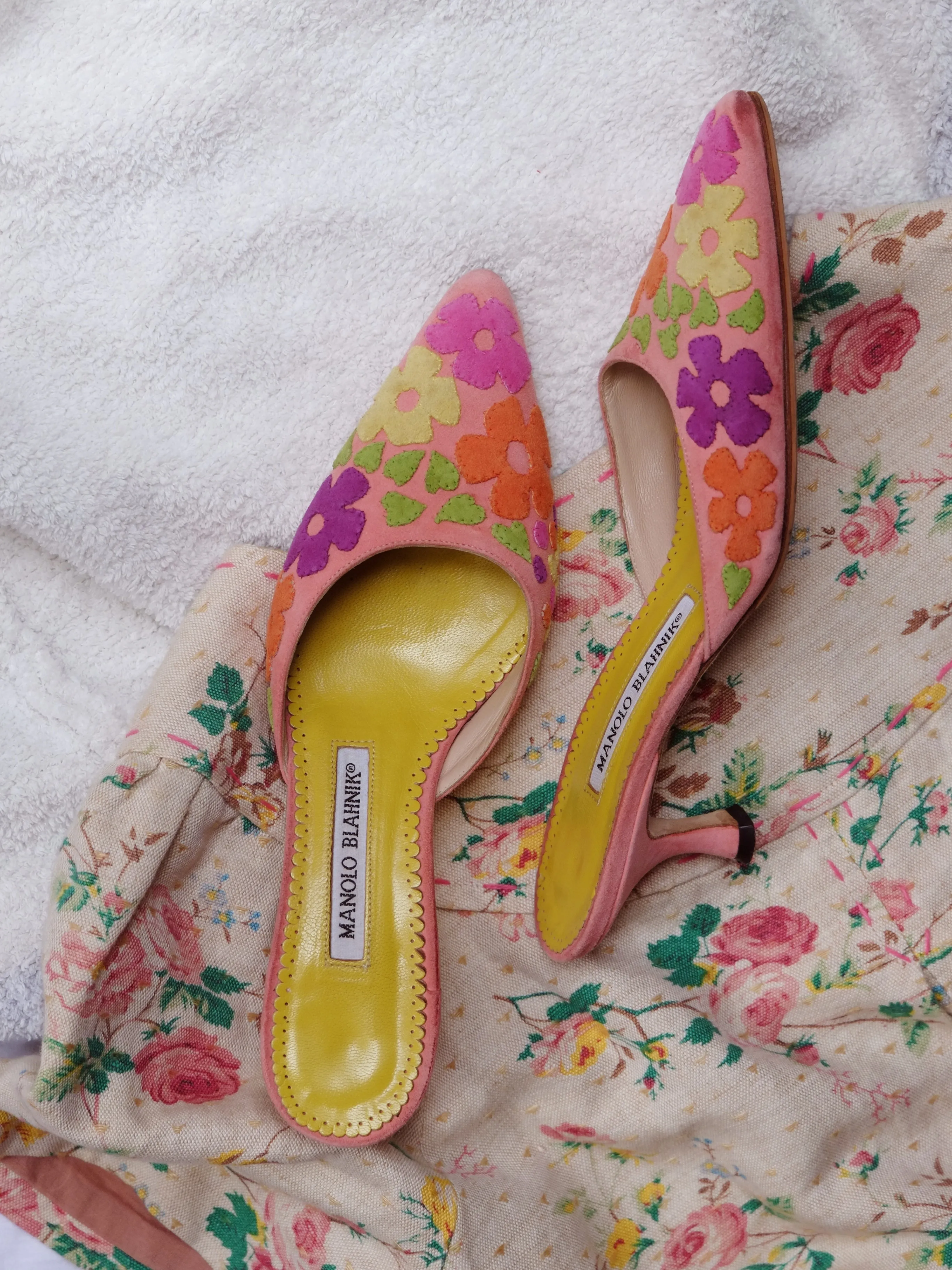 Manolo Blahnik suede floral mules (Vintage)