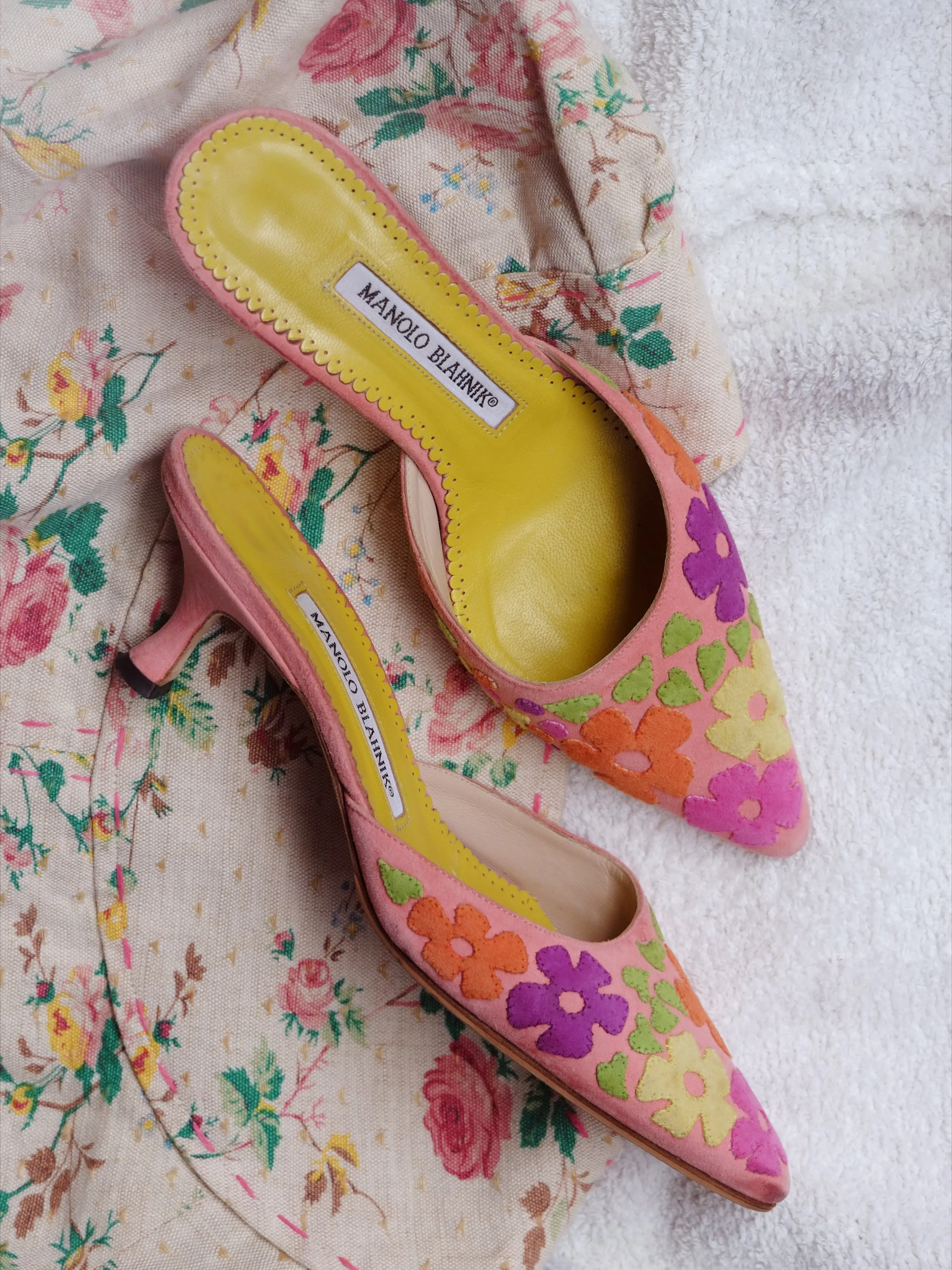 Manolo Blahnik suede floral mules (Vintage)