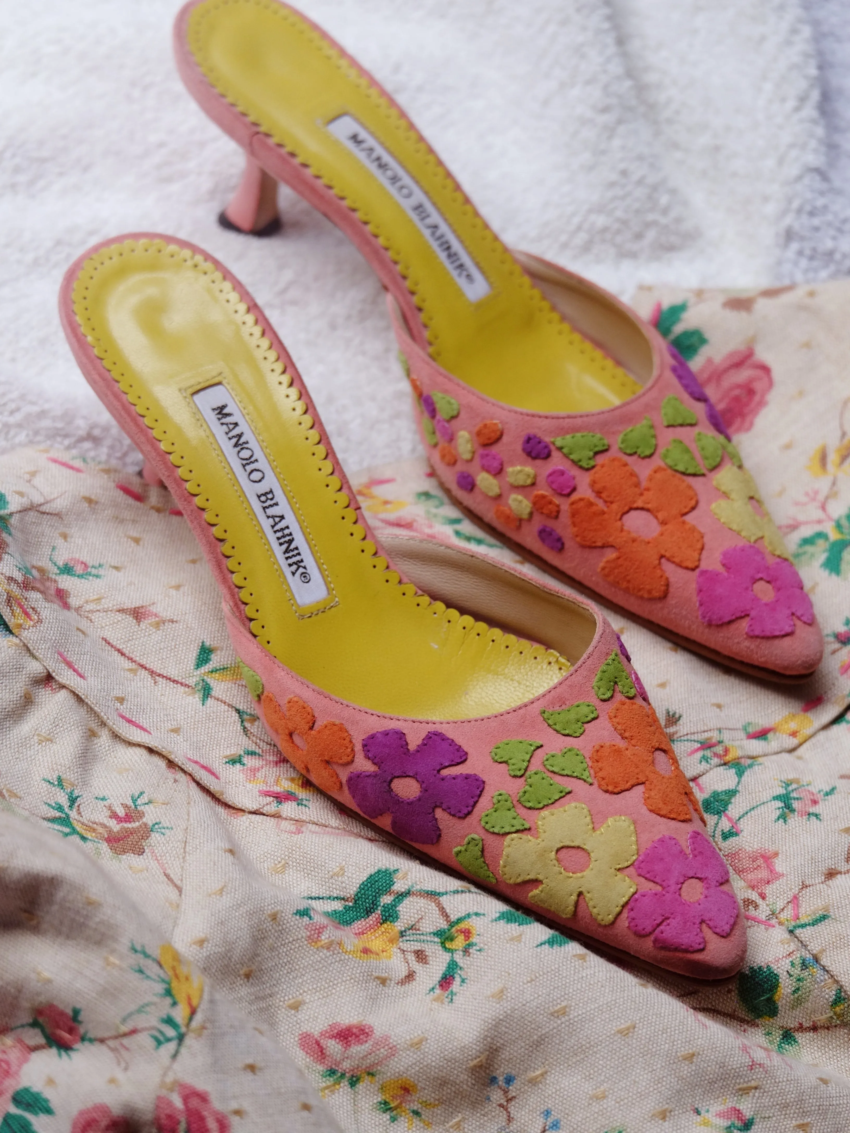 Manolo Blahnik suede floral mules (Vintage)