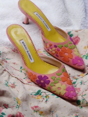 Manolo Blahnik suede floral mules (Vintage)