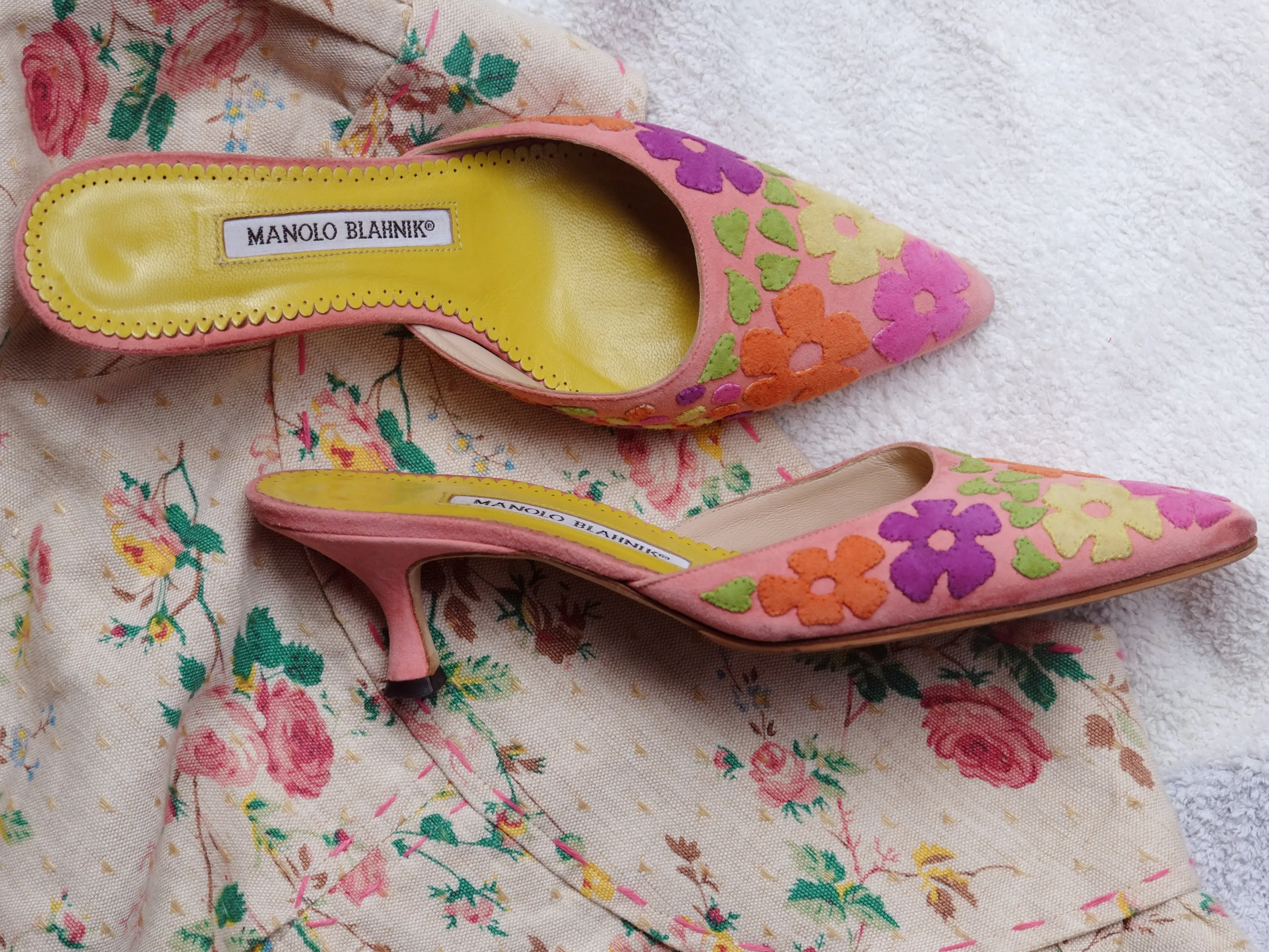 Manolo Blahnik suede floral mules (Vintage)