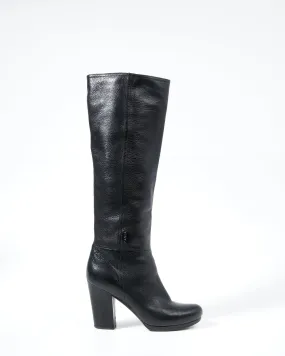 Prada Black Grained Leather Knee Heel Boots - 39.5