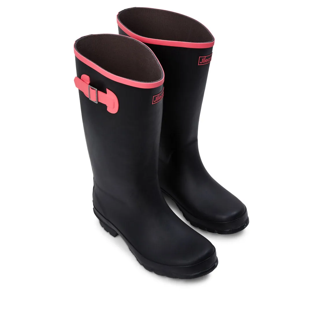 Wide Calf Rain Boots - 15 to 18 inch Calf - Black with Pink Trim - Wide in Foot and Ankle