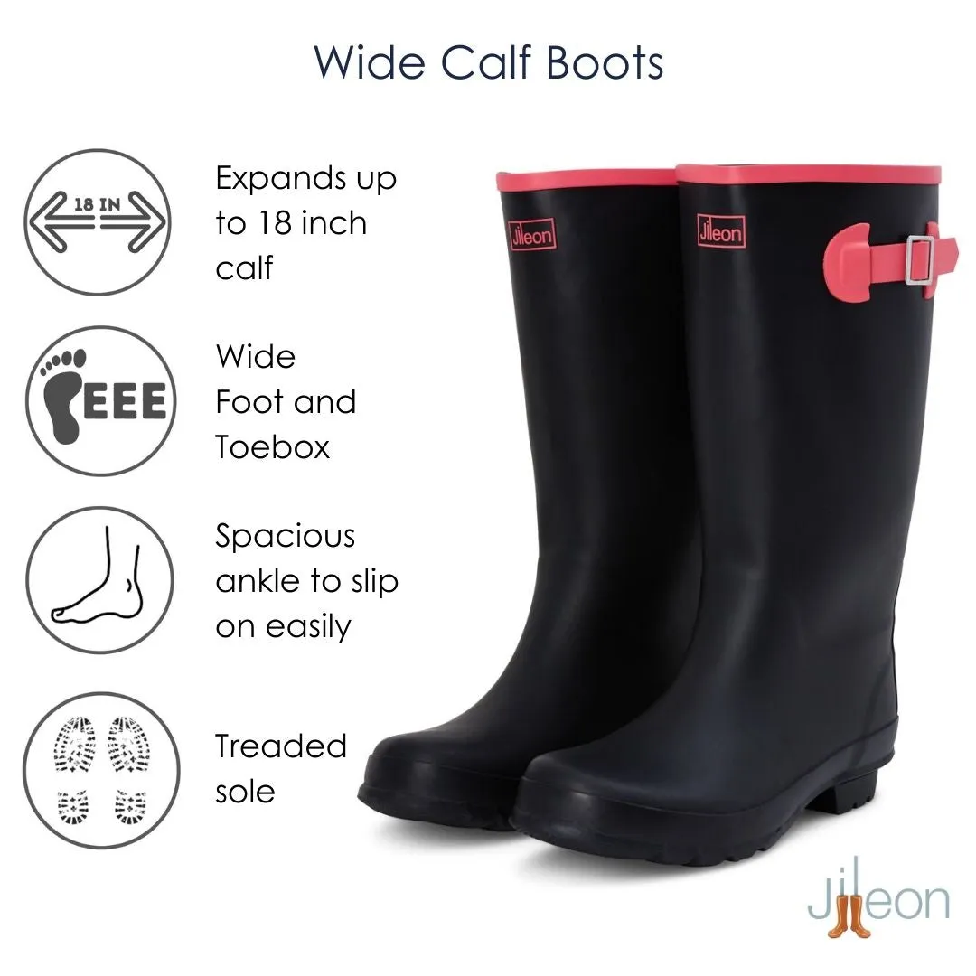Wide Calf Rain Boots - 15 to 18 inch Calf - Black with Pink Trim - Wide in Foot and Ankle