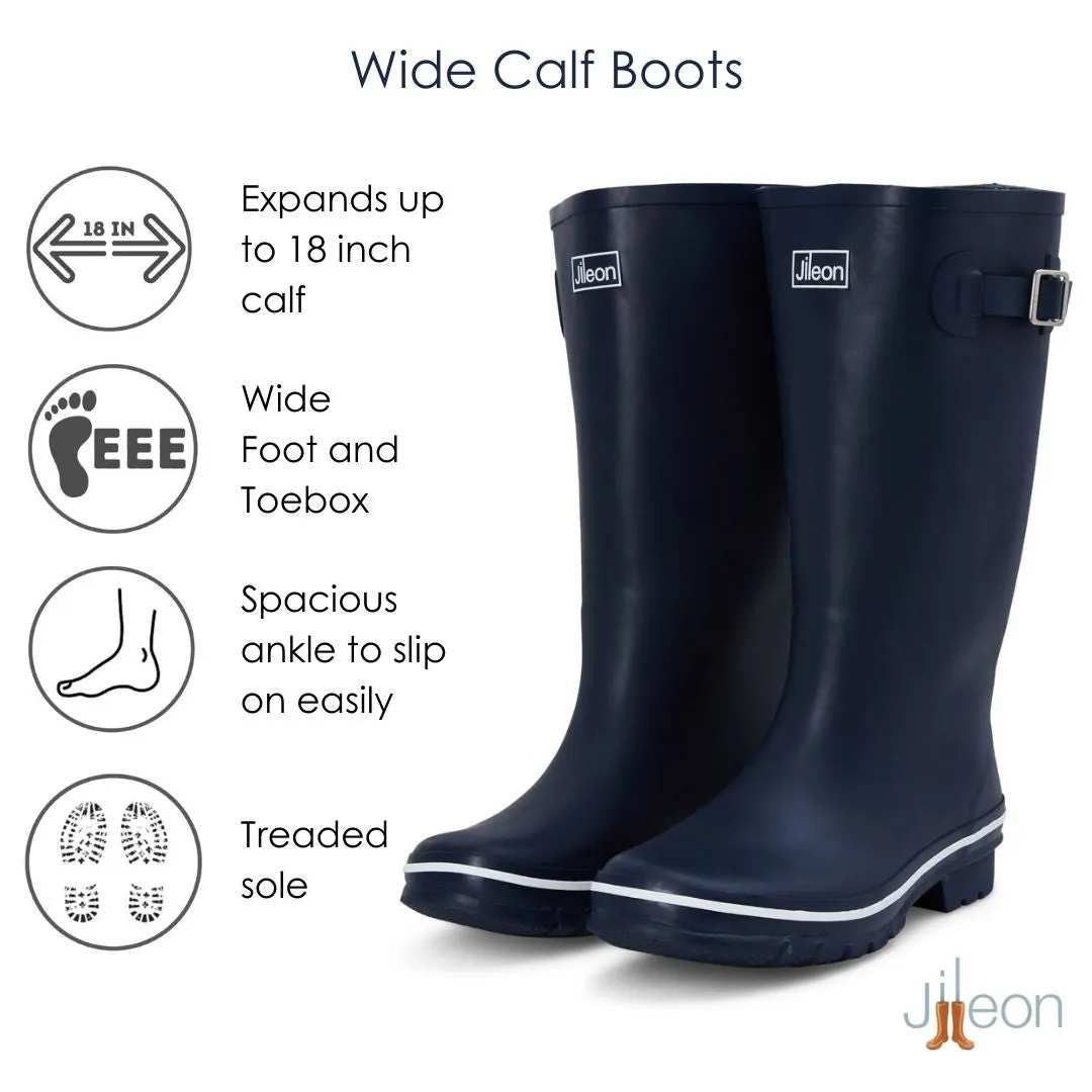 Wide Calf Rain Boots - 15 to 18 inch calf - Navy with Cream Trim - Wide in Foot and Ankle