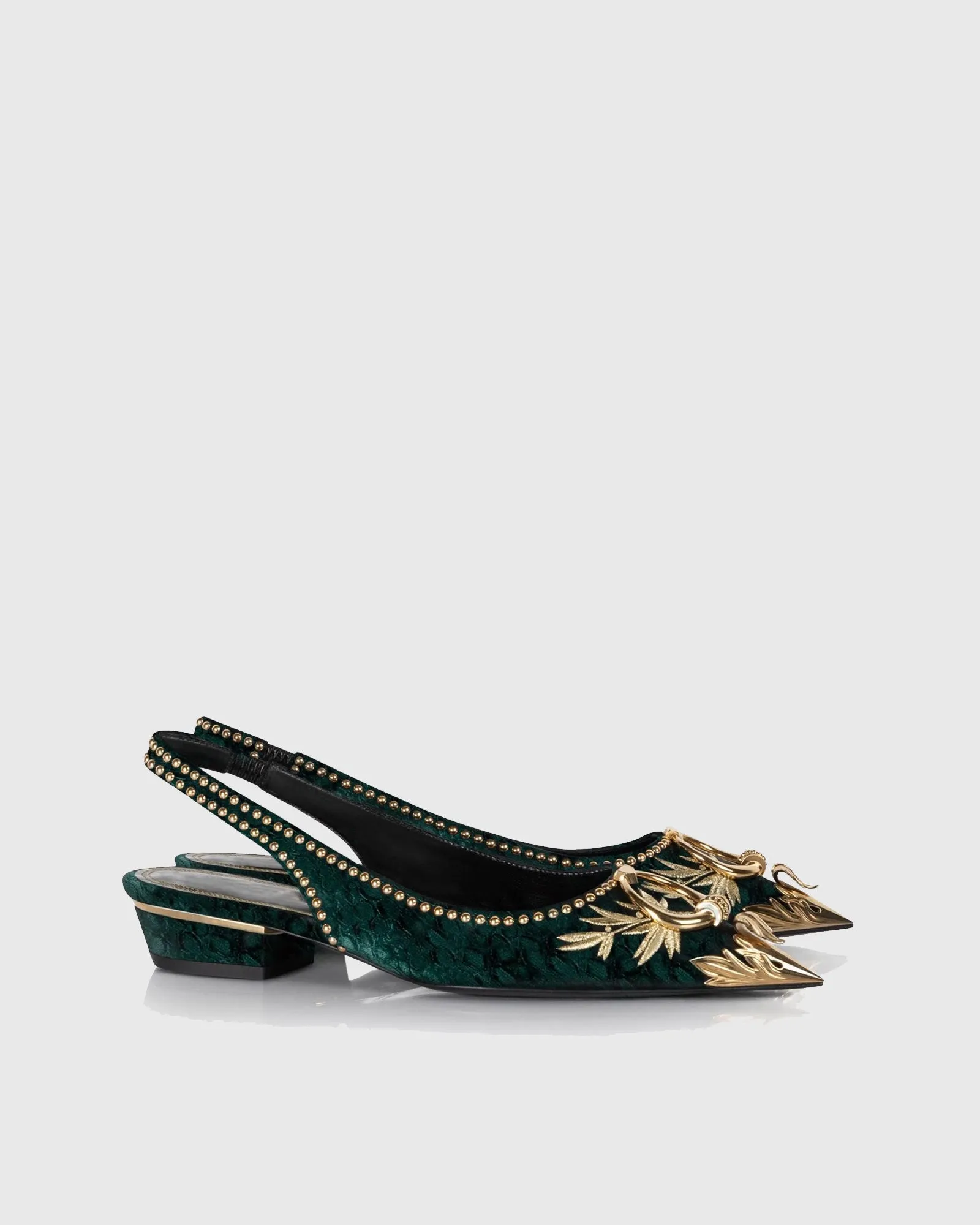 Yaiza Metal Studs Embroidery Slingback Flats In Emerald